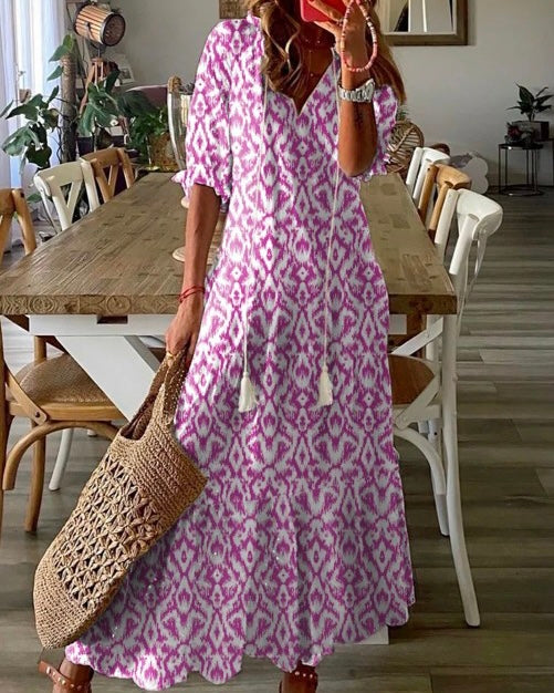 Purple/Magenta & White VNeckline Maxi Dress