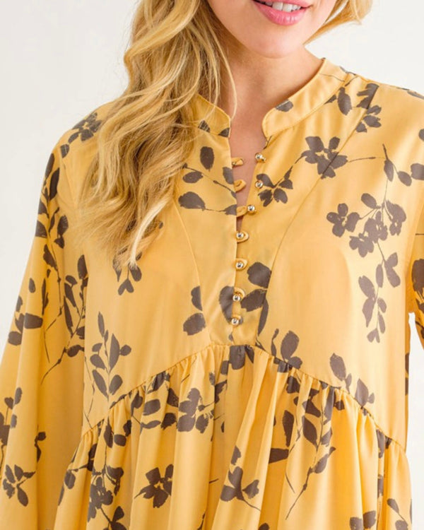 Butter Yellow & Grey Leaf Print Dress