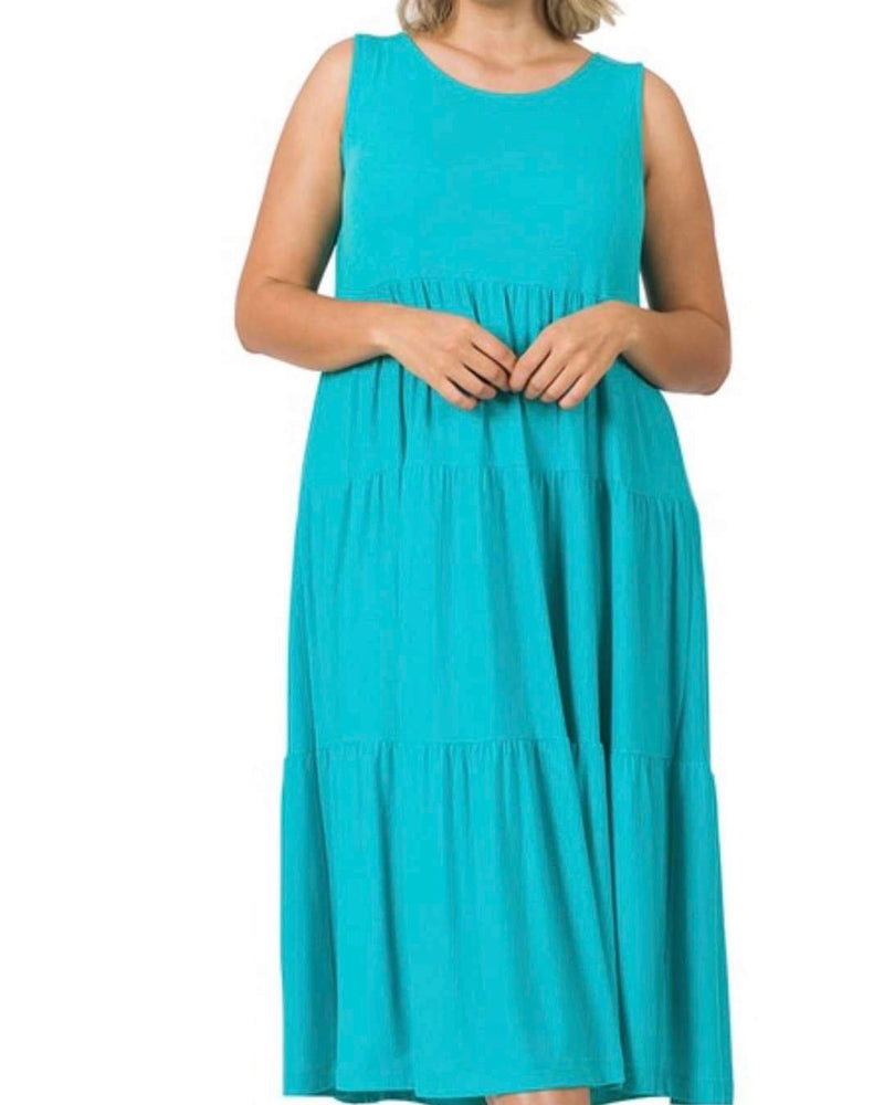 Plus Size Turquoise Blue Sleeveless Tiered MIDI Dress