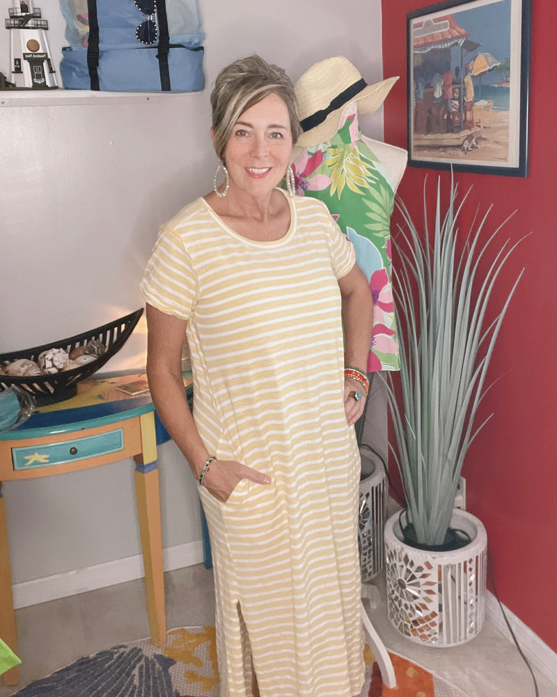 Yellow and White Stripe Short Sleeve Maxi Dress