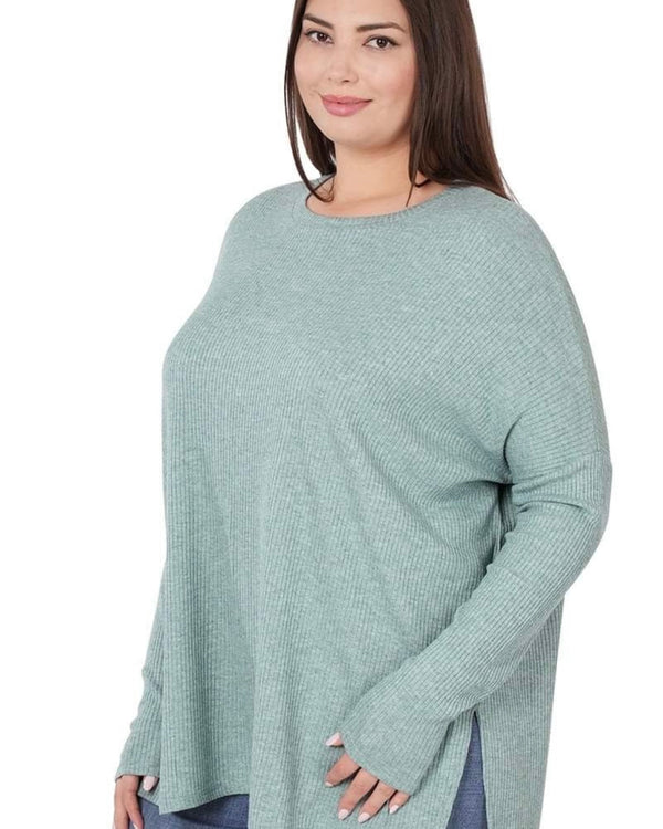 Plus Size Sage Green Round Neck Ribbed Lightweight Knit Top