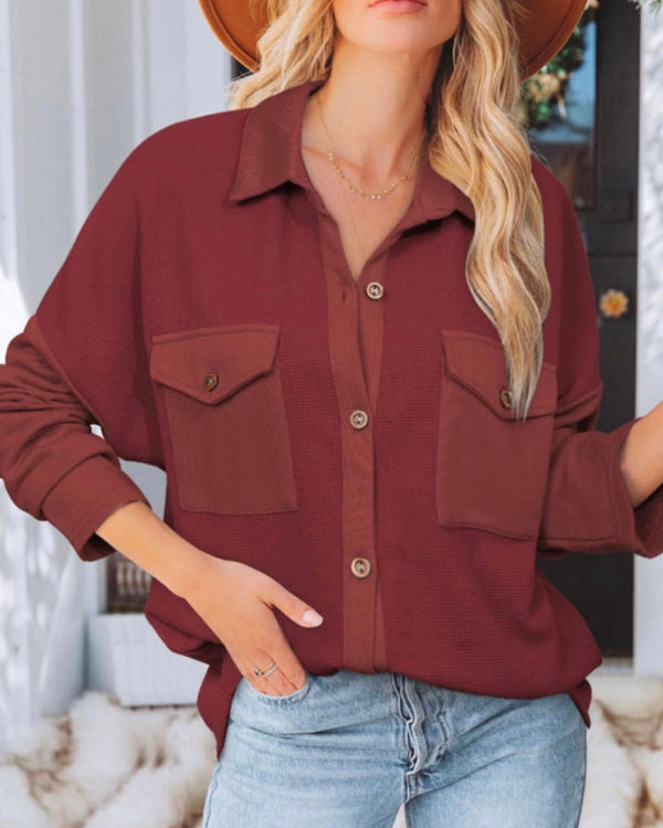 Maroon/Burgandy Wine Button Down Front Pocket Top