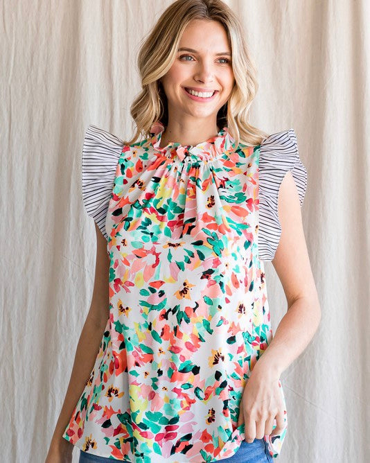 Light Multi Spring Floral Top with Contrasting Blue & White Striped Ruffle Cap Sleeves