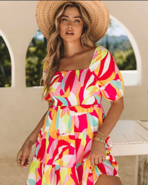 Pink, Yellow & Red Multicolor Smock On/Off Shoulder Dress