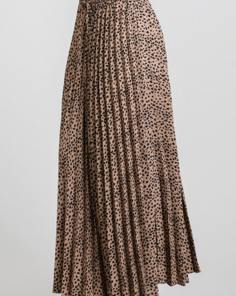 Brown and Black Cheetah Leopard Animal Print Pleated Long Skirt