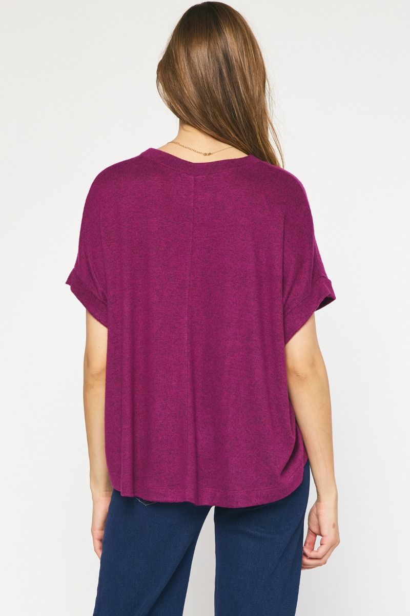 Purple Violet Short Sleeve HI-Lo Light Knit Top