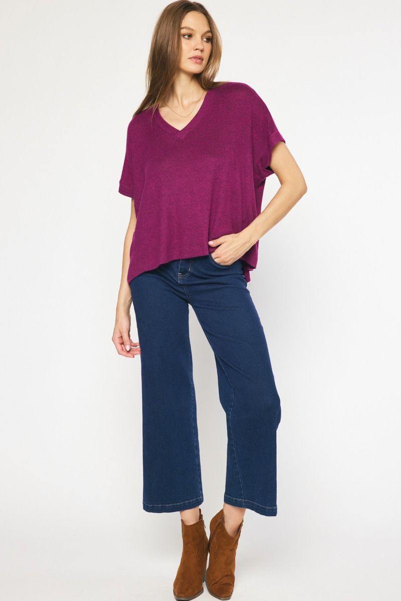 Purple Violet Short Sleeve HI-Lo Light Knit Top