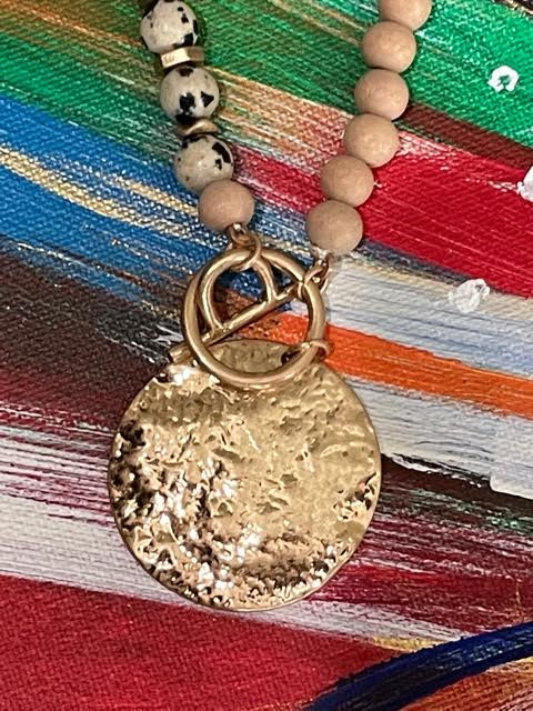 Wood bead coin necklace