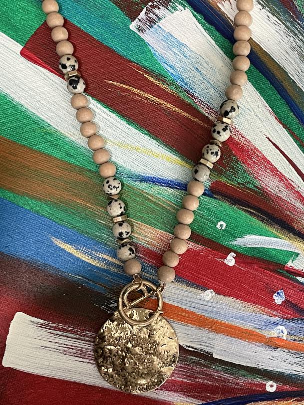Wood bead coin necklace