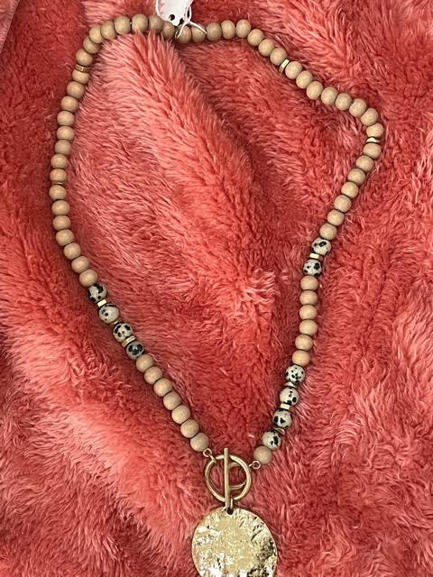 Wood bead coin necklace
