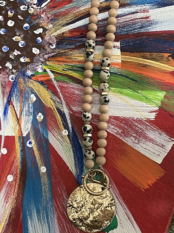 Wood bead coin necklace