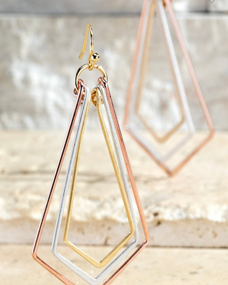 Tri Tone Silver, Rosegold and Gold Teardrop 3D Dangle Earrings