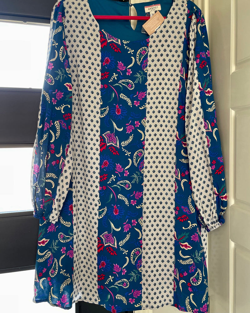 Plus Size Blue and White Block Paisley Floral Tunic Dress