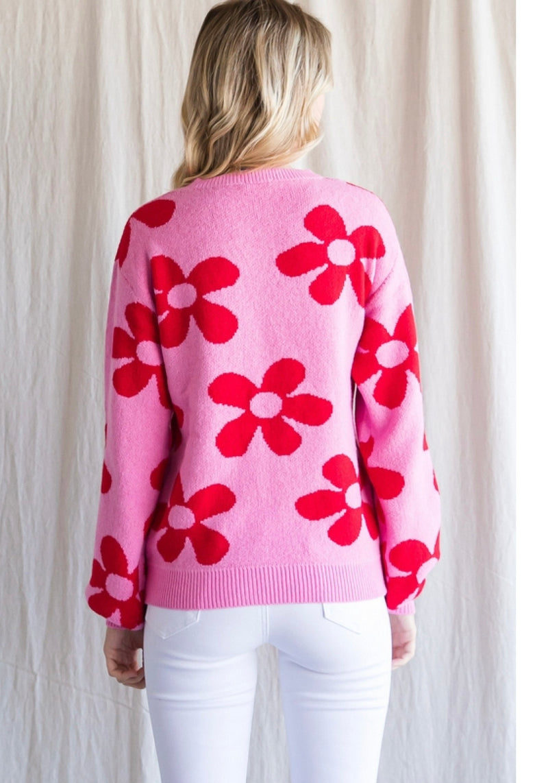 Red on Pink Large Flower Power Sweater