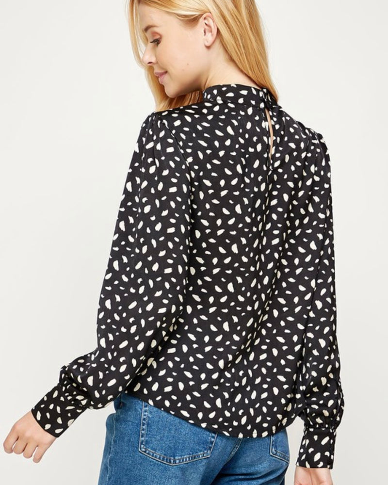 Black and White Spotted Print Hi Neck Blouse