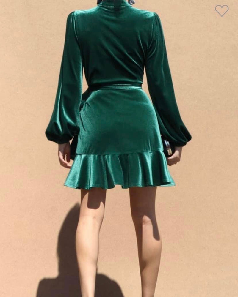 Green Velvet Wrap Ruffle Dress