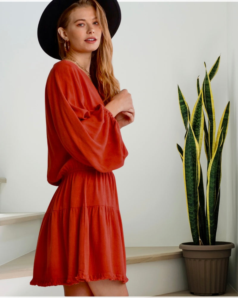 Red Linen Blend Elastic Waist Tier Slight Rounded Neckline Balloon Sleeve Dress