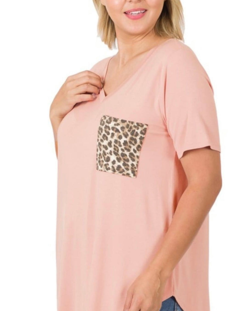 Plus Size VNeck Short Sleeve Leopard Pocket Tshirt