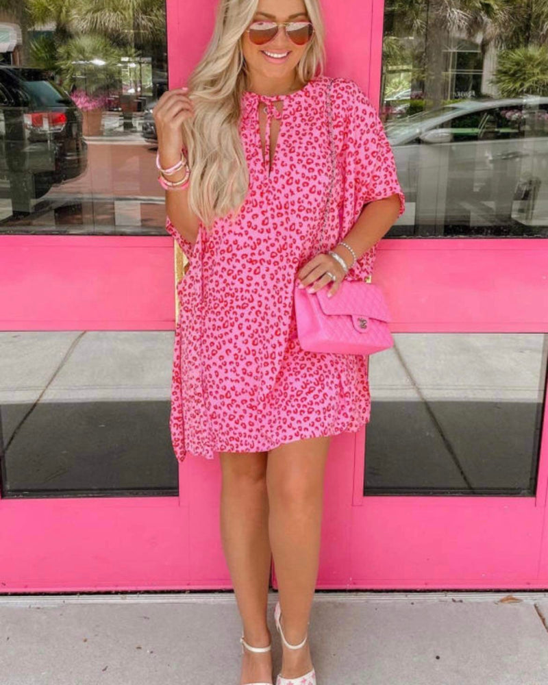 Pink Red Leopard Flare Sleeve Cover up Dress