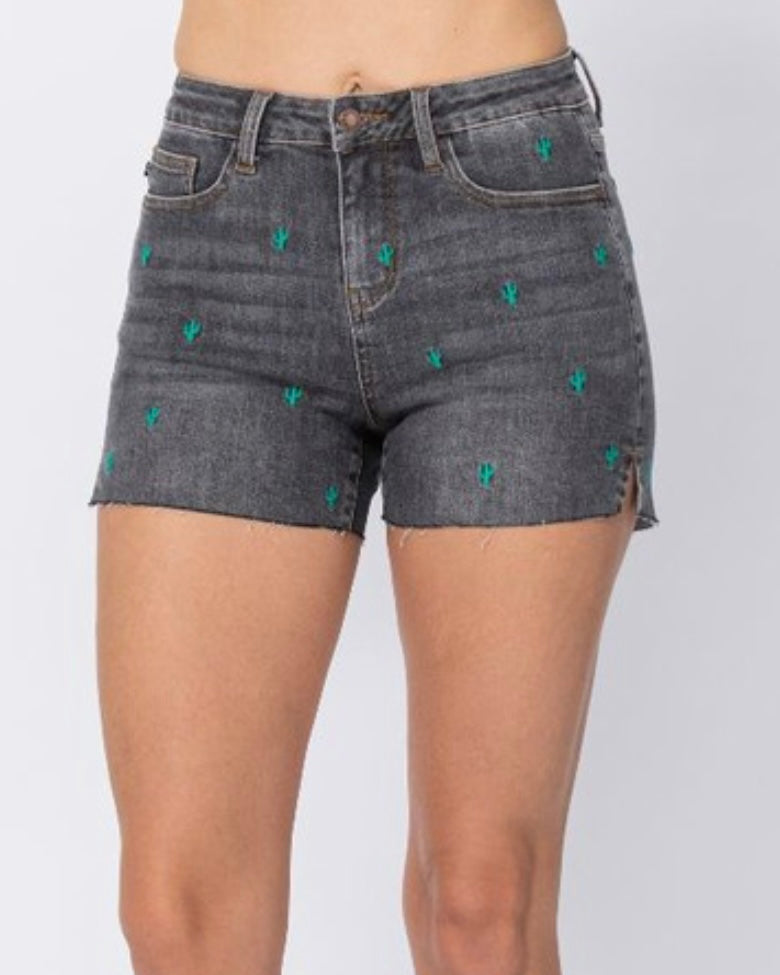 Judy Blue High Waist Cactus Embroidery Stitched Frayed Denim Jean Shorts