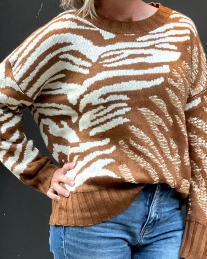 Brown & White Animal Zebra Tiger Print Sweater