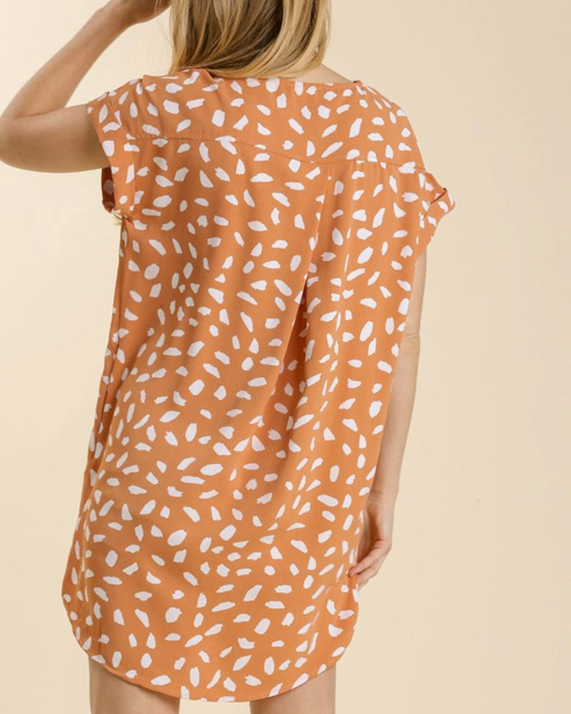 Sand Peach Leopard Dalmatian Print Pocket Shirt Dress