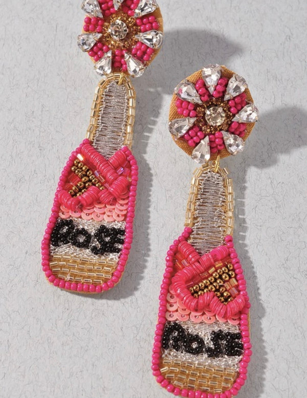 Beaded Sequin Pink Rose Earrings
