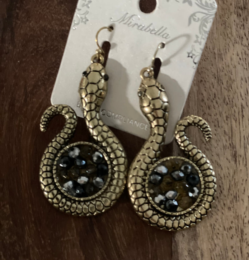 Gold Snake Blue Black Stone Earrings