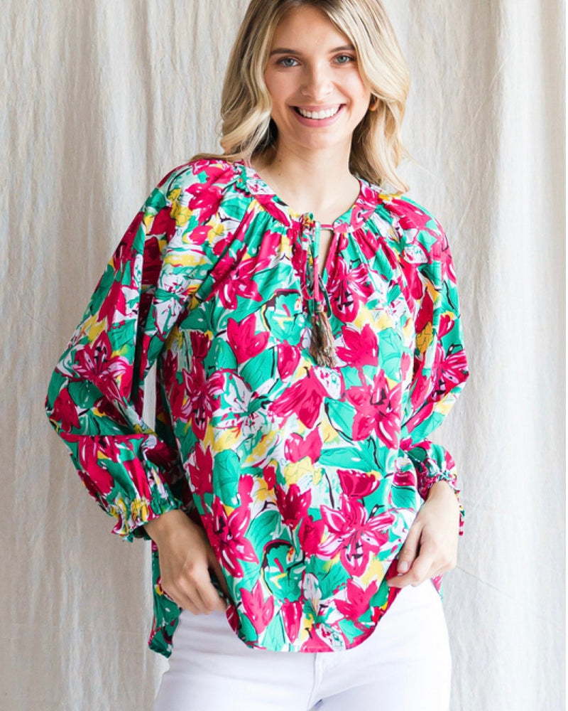 Red, Yellow and Green Multicolor Floral Abstract Print Blouse