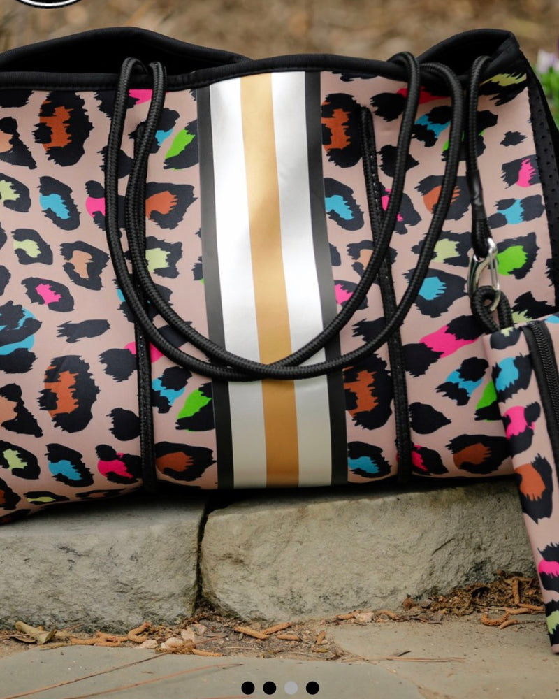 White, Tan, Blue, Pink or Multi Leopard Neoprene Bag with Wallet