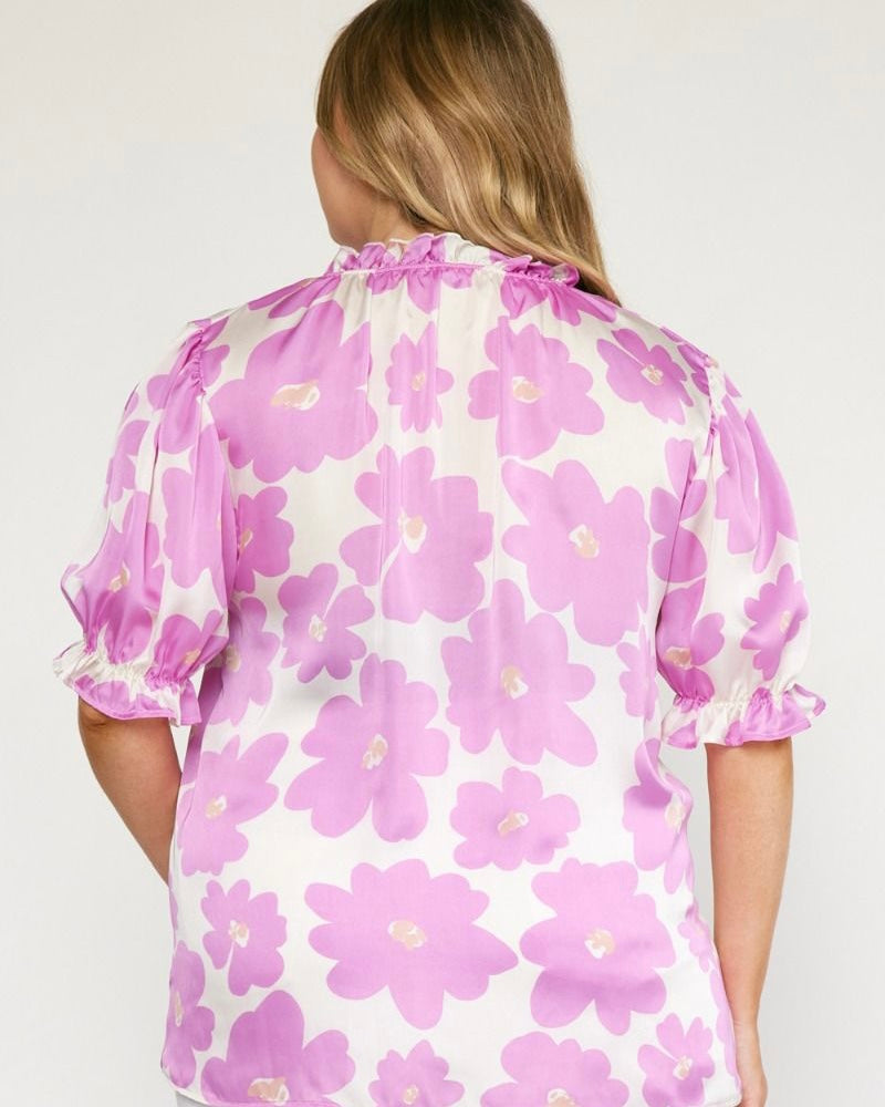 Purple/Pink and White Large Flower Print Ruffle Neck Top