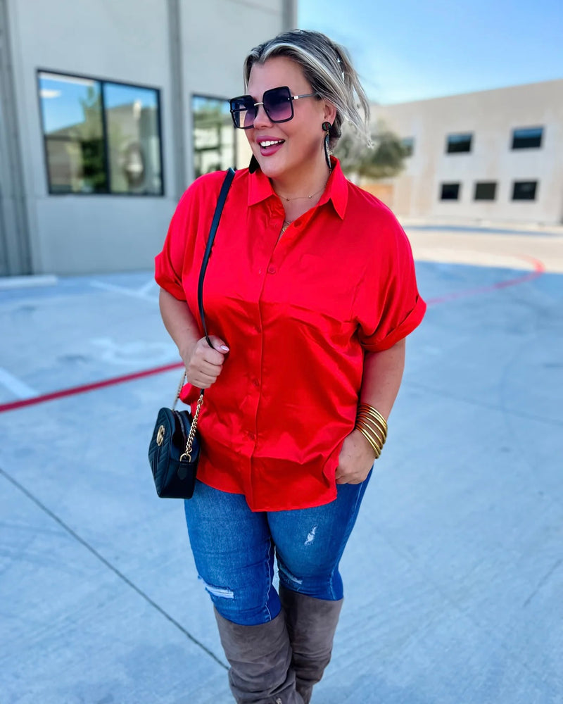 Satin Short Rolled Sleeve Button Down Top