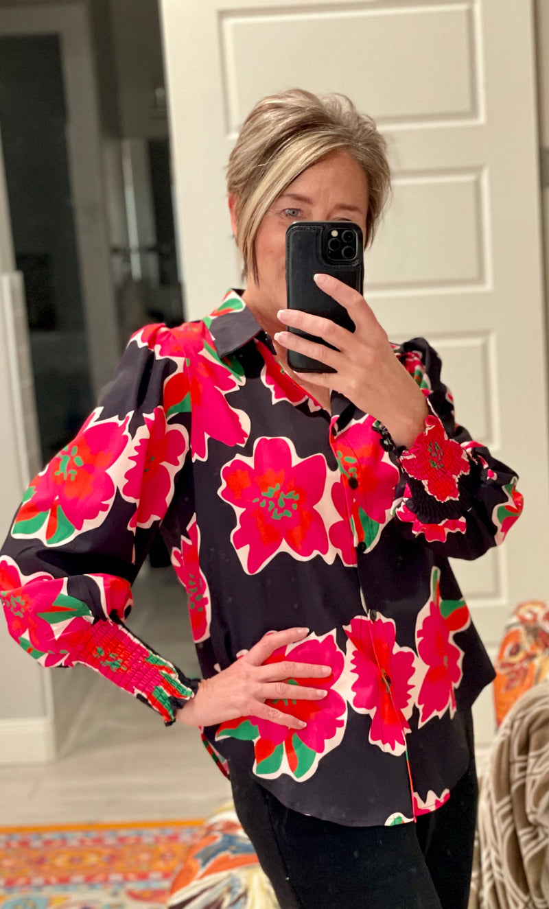 Black with Bold Pink & Red Tropical Flowers Puff Cuffed Sleeve