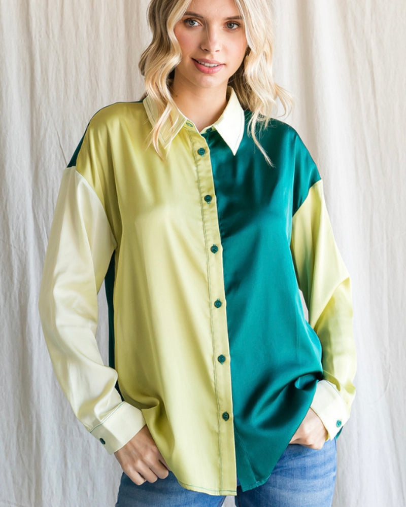 Two Tone Green Color Block Satin Blouse