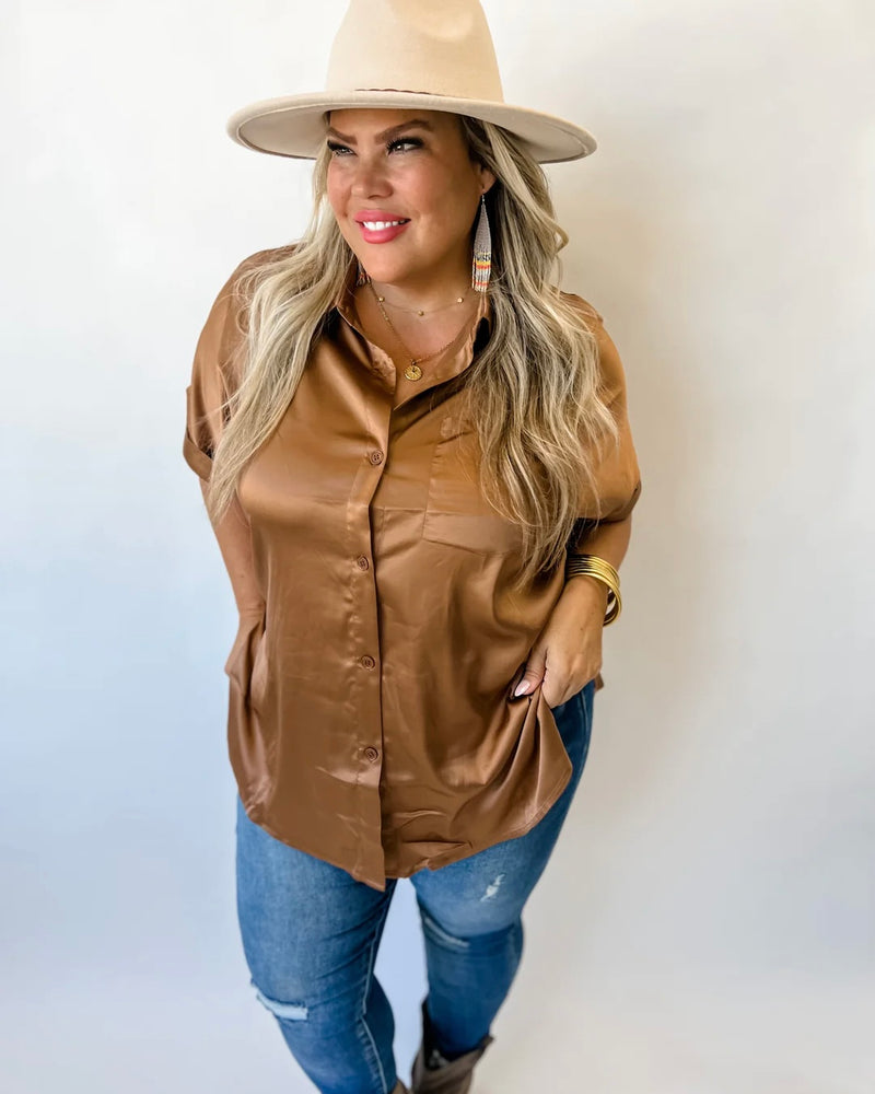 Satin Short Rolled Sleeve Button Down Top