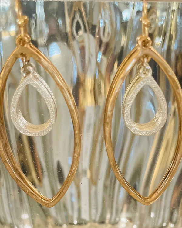 Two Tone Silver and Gold Teardrop 3D Dangle Earrings