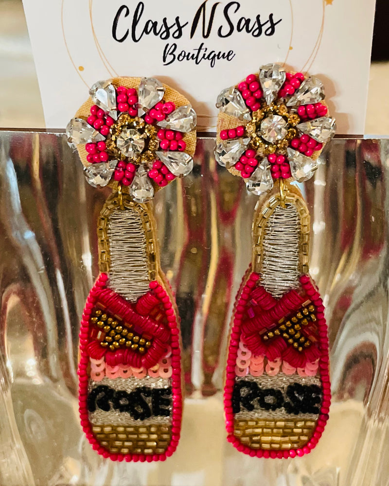 Beaded Sequin Pink Rose Earrings