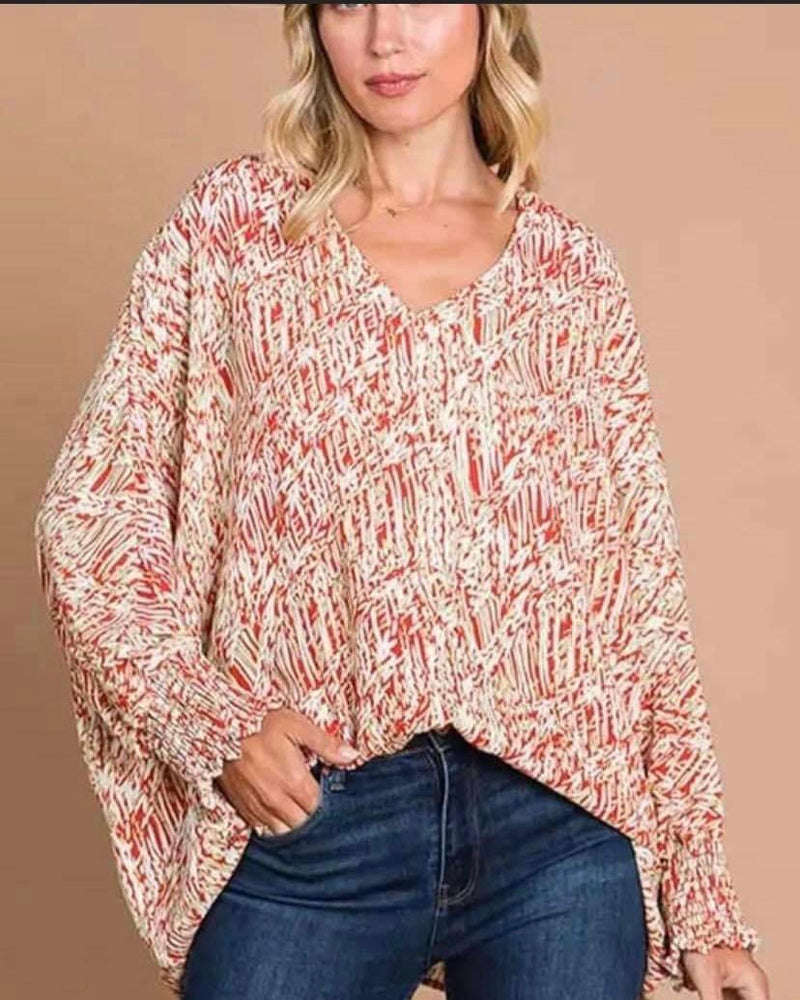 Red and Sage Bamboo Print Long Sleeve Blouse