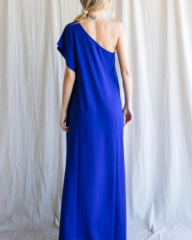 Royal Blue or Black One Shoulder Maxi Dress