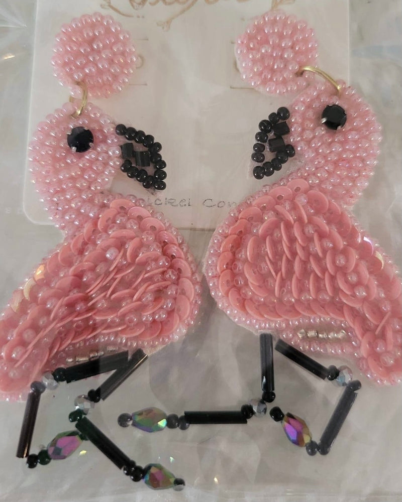 Beaded Pink Flamingo Earrings