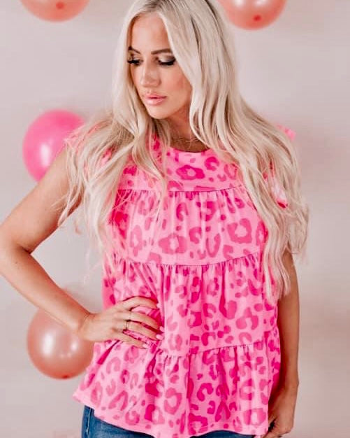 Hot Pink on Pink Leopard Tiered Ruffle Cap Sleeve Babydoll Top