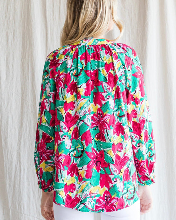Red, Yellow and Green Multicolor Floral Abstract Print Blouse