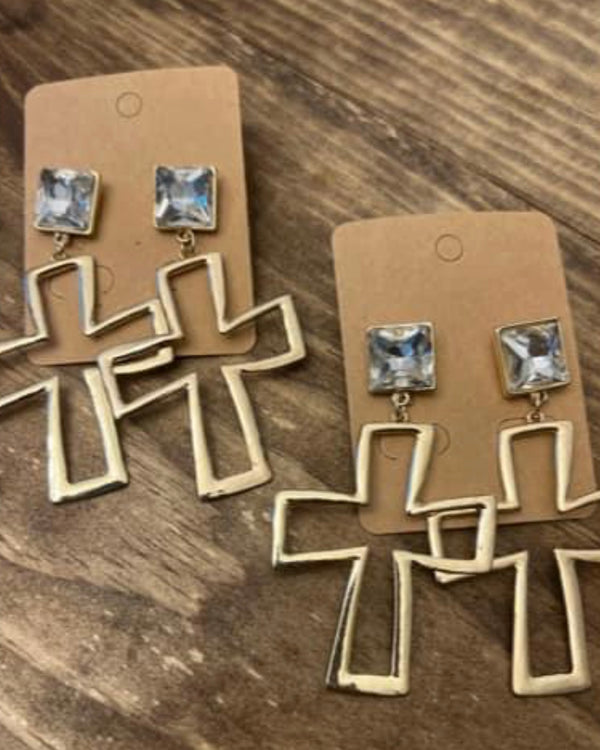 Gold Cross Rhinestone Studded Dangle Earrings