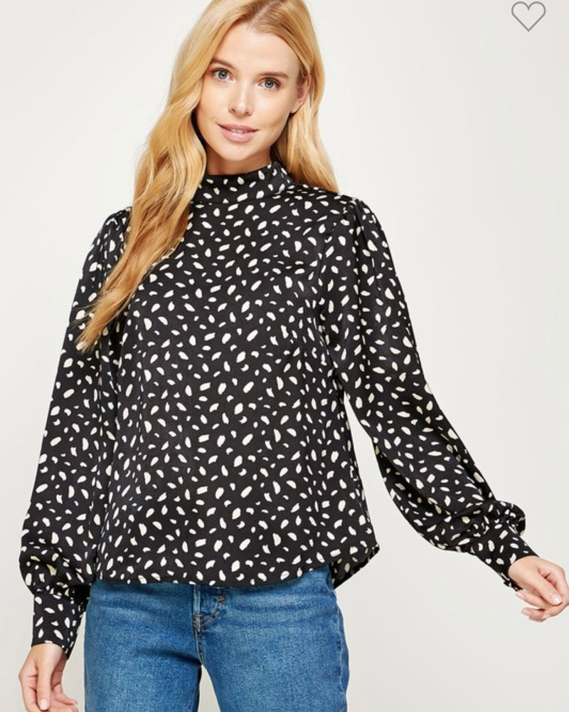 Black and White Spotted Print Hi Neck Blouse