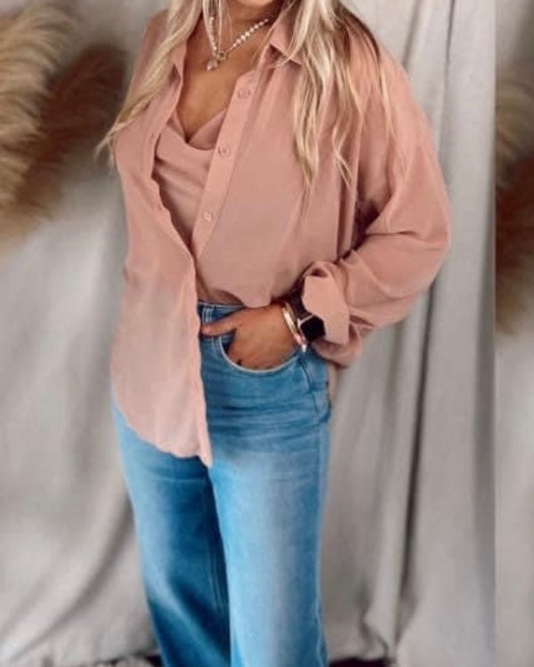 2 pc Blush Mauve Tank and Sheer Button Down Blouse