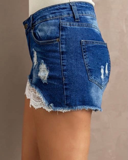 Medium/Dark Wash Lace Inset Denim Jean Shorts