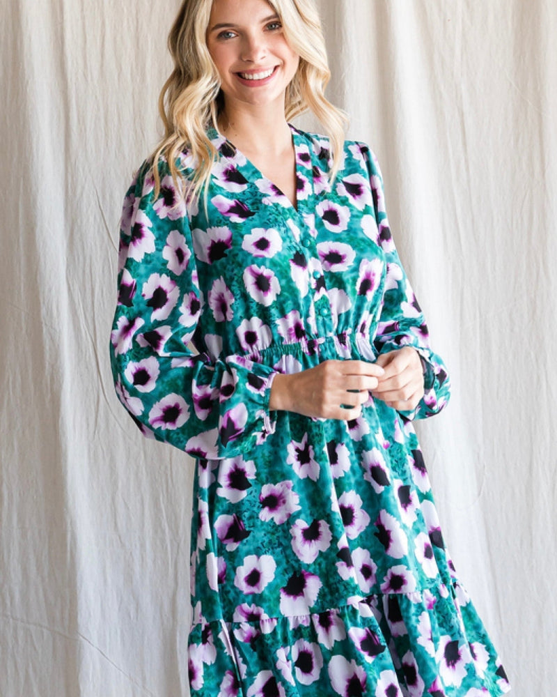 Turquoise Blue Large Floral Print Waist Dress