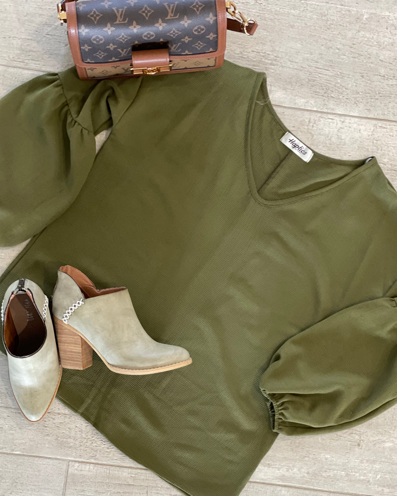 Olive Green VNeck Puff Sleeve Blouse