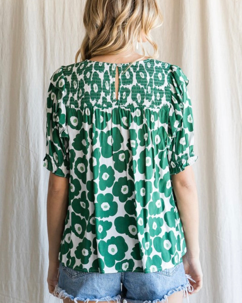 Green and White Poppy Floral Ruffle Shoulder Top