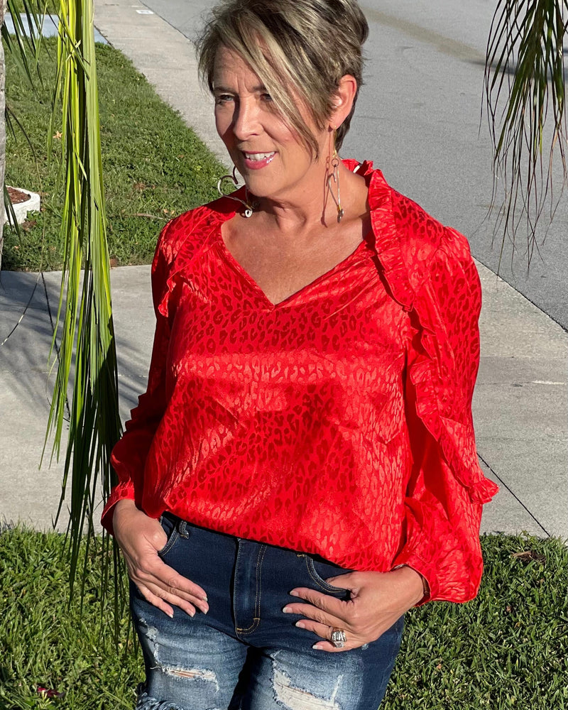 Tomato Red Leopard Satin Ruffle Blouse